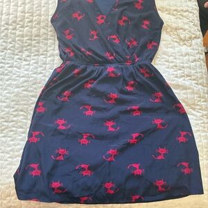 Navy Blue Dress with Hot Pink Cat Print Kitty Kitties Graphic Pattern